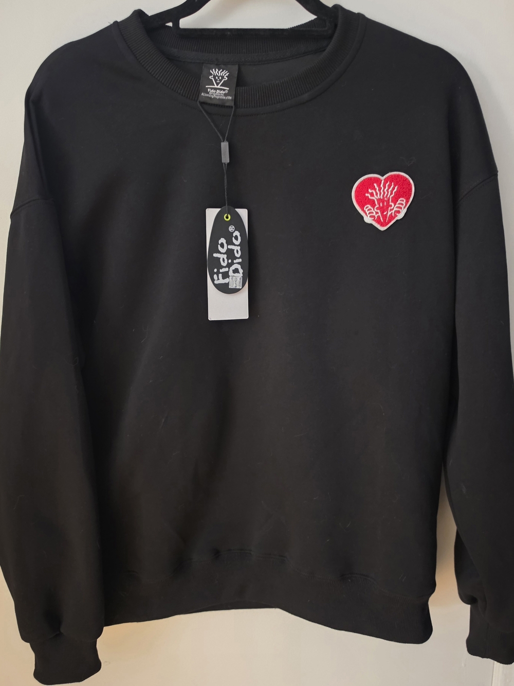 Fido Dido Black Crewneck Sweater with Red Heart Patch